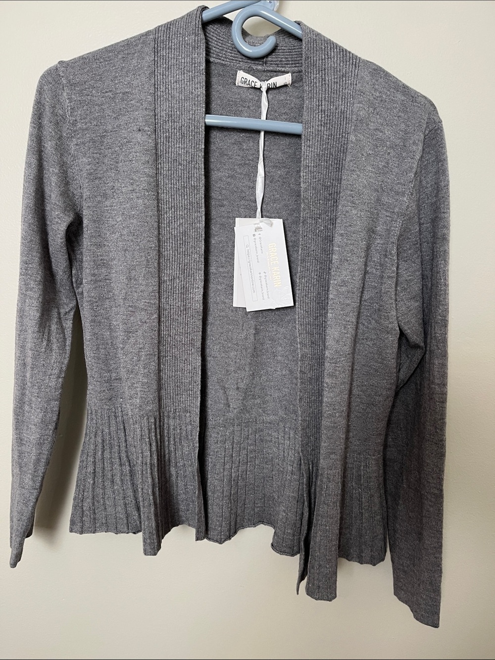 Grace Karin Grey Open-Front Ribbed Trim Cardigan